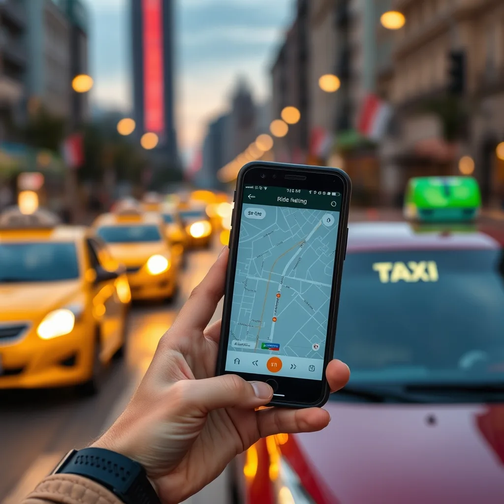 A person using a smartphone ride-hailing app on a busy Seoul street at dusk with taxis passing by