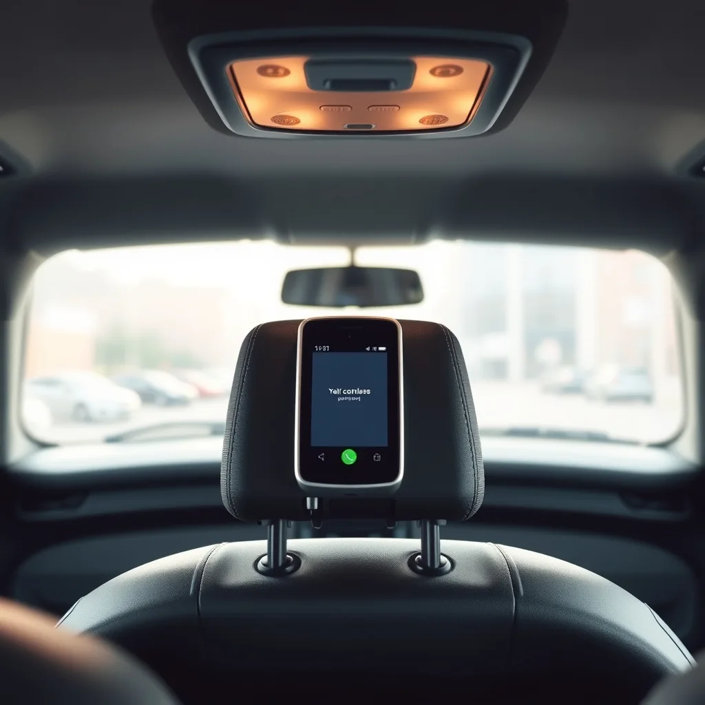 A clean modern taxi interior showing a card payment reader mounted near the seat