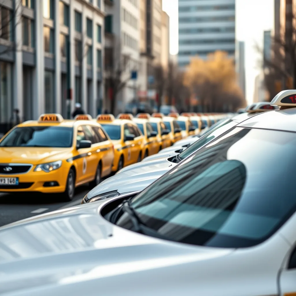 A row of taxis waiting at a city curb with a bright urban backdrop