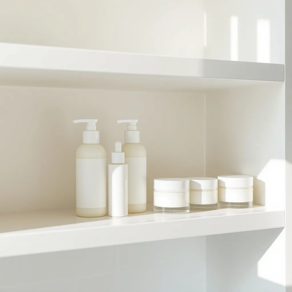 A bathroom shelf lined with Korean skincare bottles, a cleanser, toner, and a small jar of moisturizer arranged neatly
