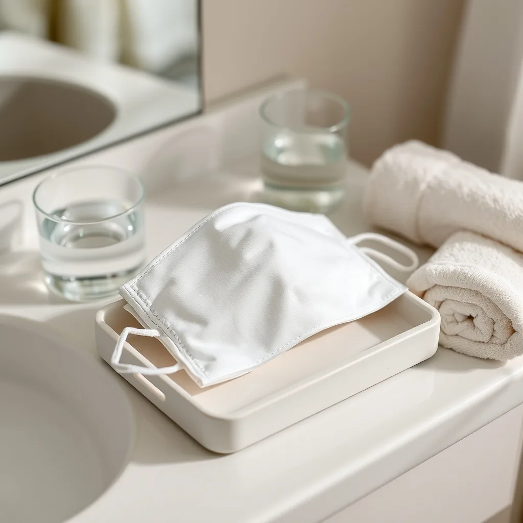 A folded sheet mask on a small tray beside a glass of water and a rolled towel on a calm vanity