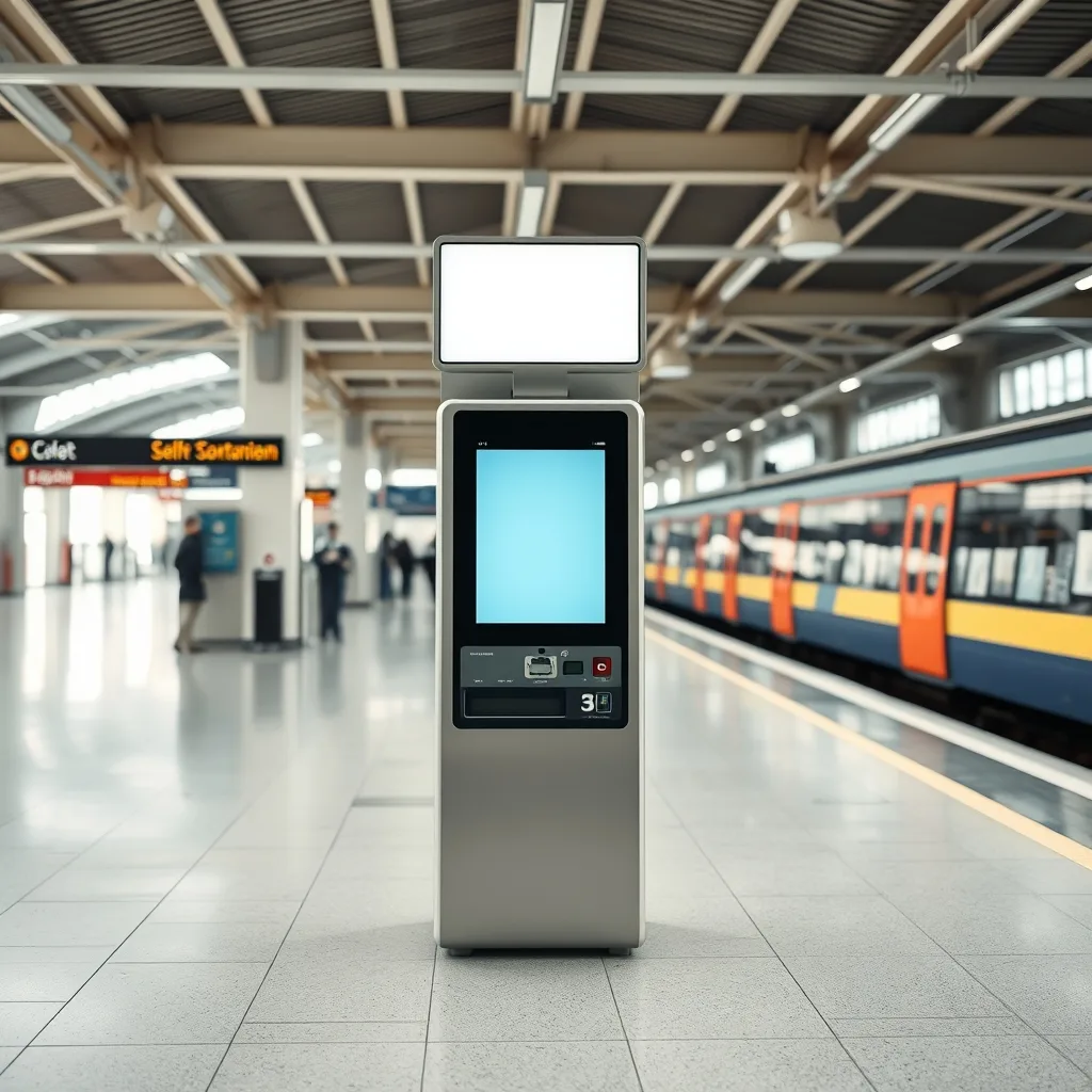 A self-service train ticket kiosk in a bright station concourse