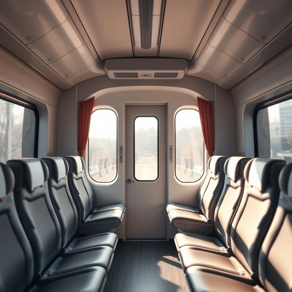 Interior of a comfortable high-speed train car with rows of seats and large windows