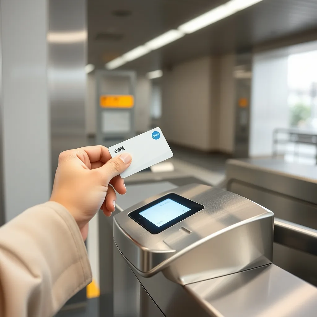 A hand tapping a transit card on the reader at a Seoul subway fare gate