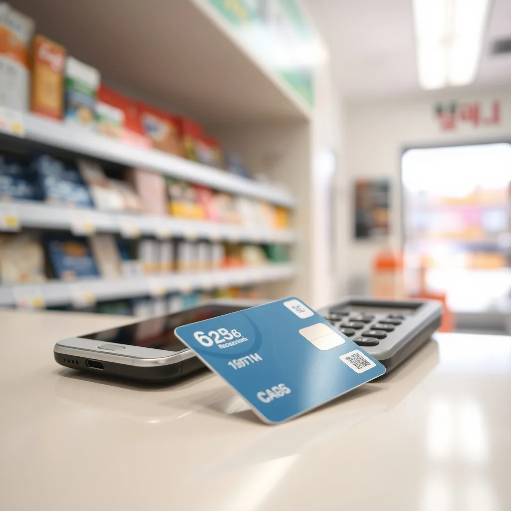 A transit card and a smartphone on a Korean convenience store counter