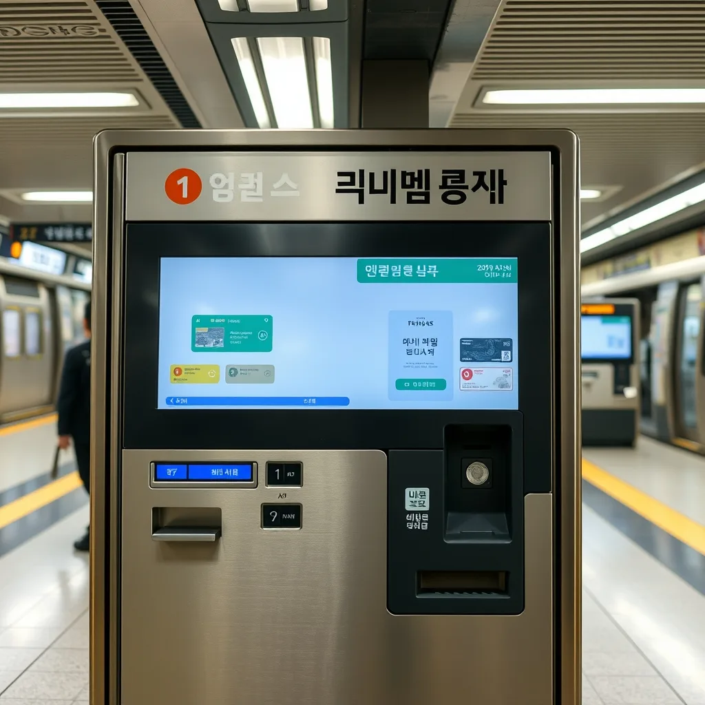 A self-service transit card recharge machine in a Korean subway station