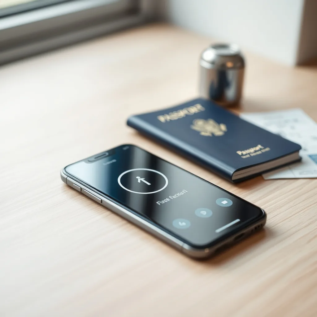 A smartphone on a desk showing a mobile data connection, next to a passport, representing setting up a Korean eSIM for travel