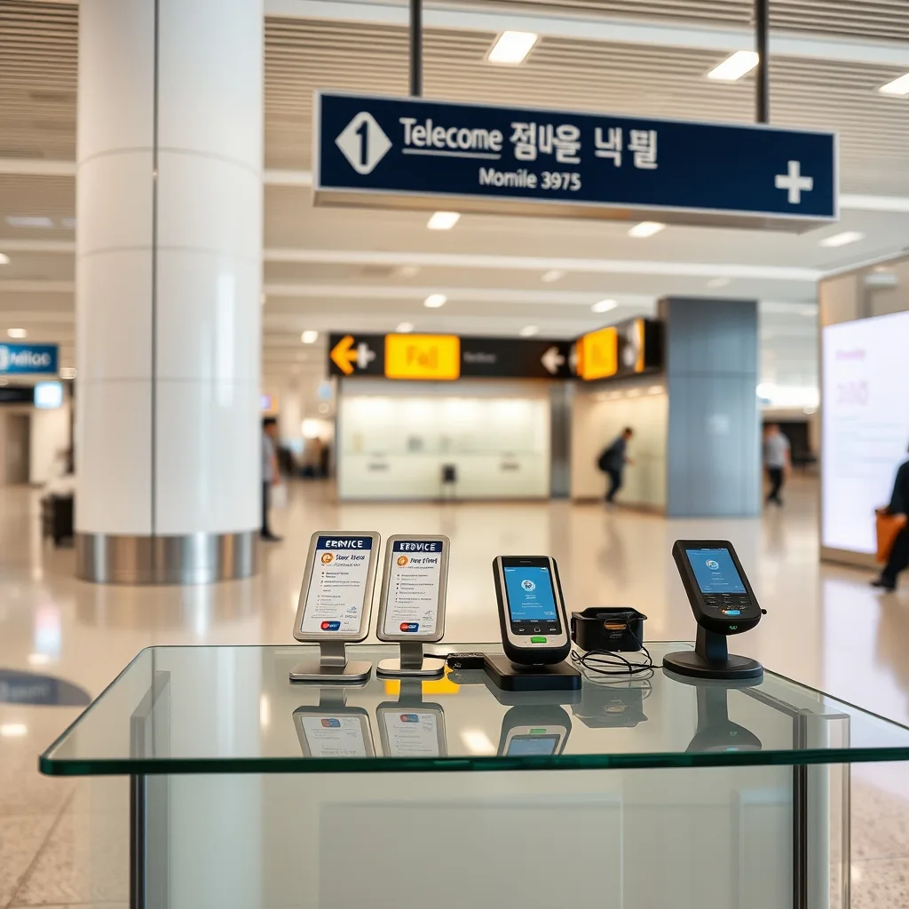 A mobile carrier service counter at a Korean airport arrivals hall with SIM and eSIM signage stands