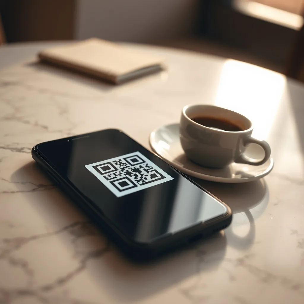 A phone screen displaying a QR code being scanned to install an eSIM profile, on a cafe table
