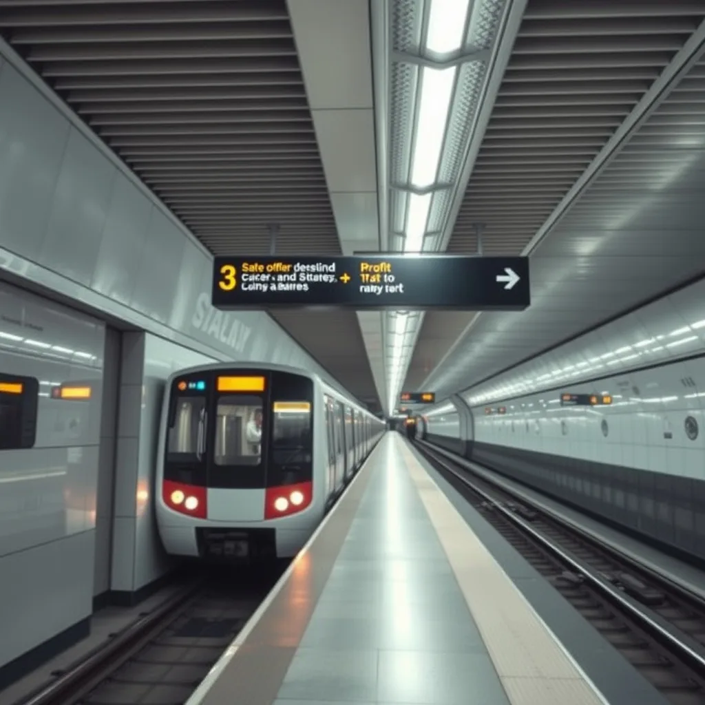 A bright, clean subway platform in Seoul with a train arriving and clear numbered signage overhead