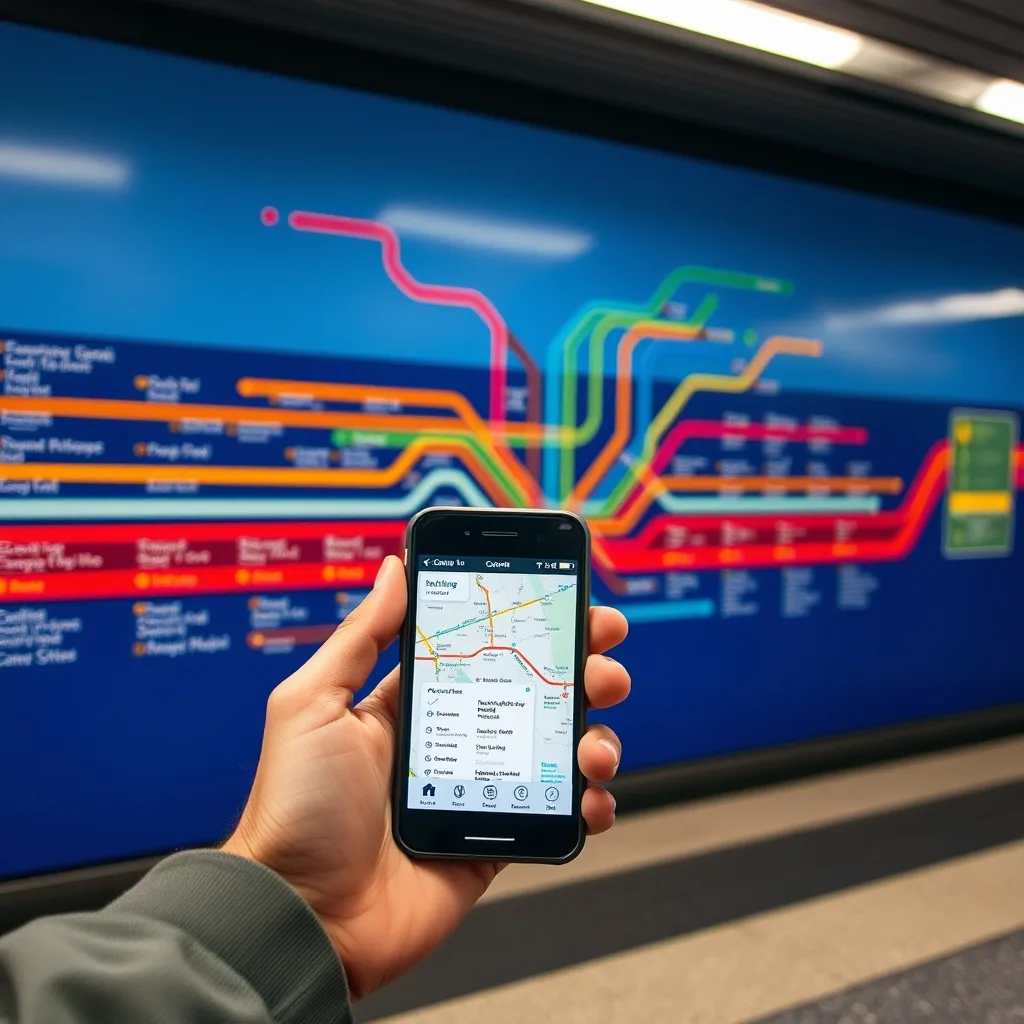 A traveler checking a smartphone map app in front of a colorful subway line map on a station wall