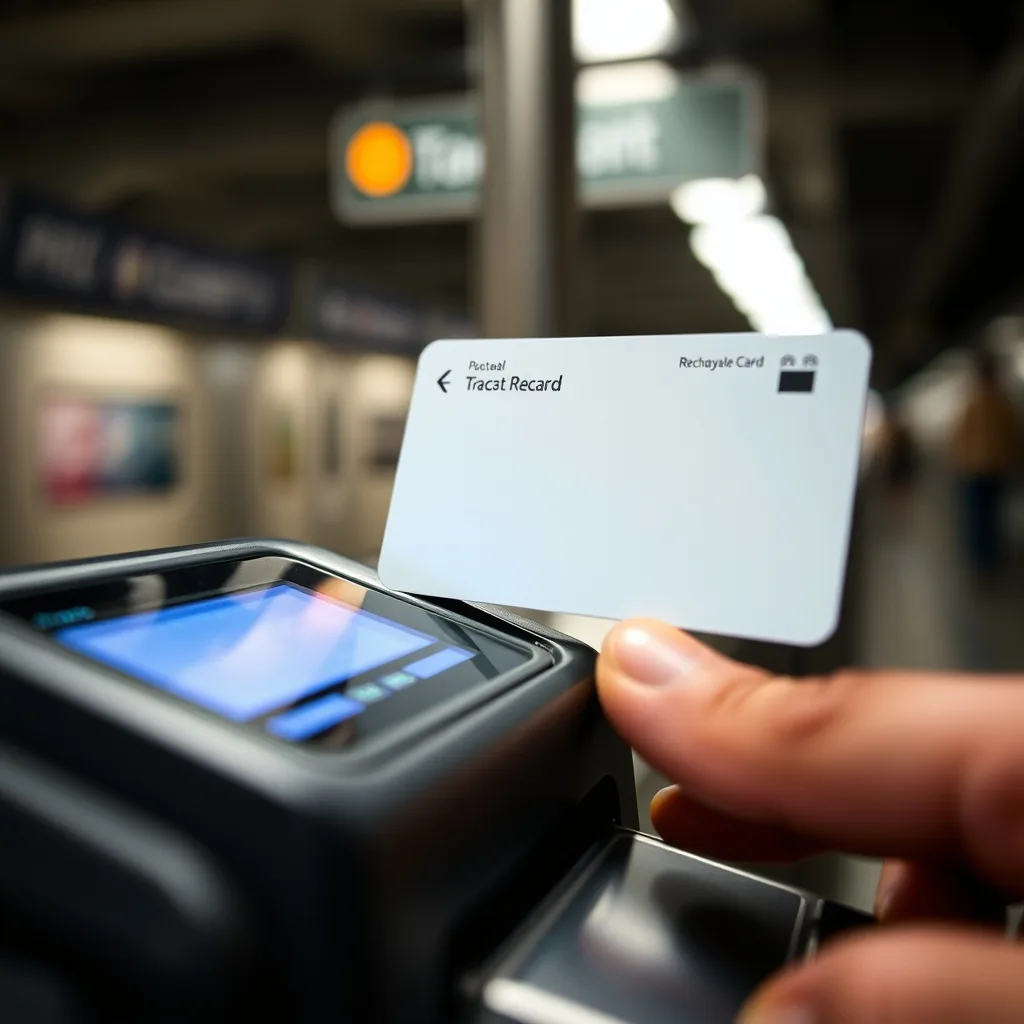 A rechargeable transit card being tapped on a subway fare gate reader