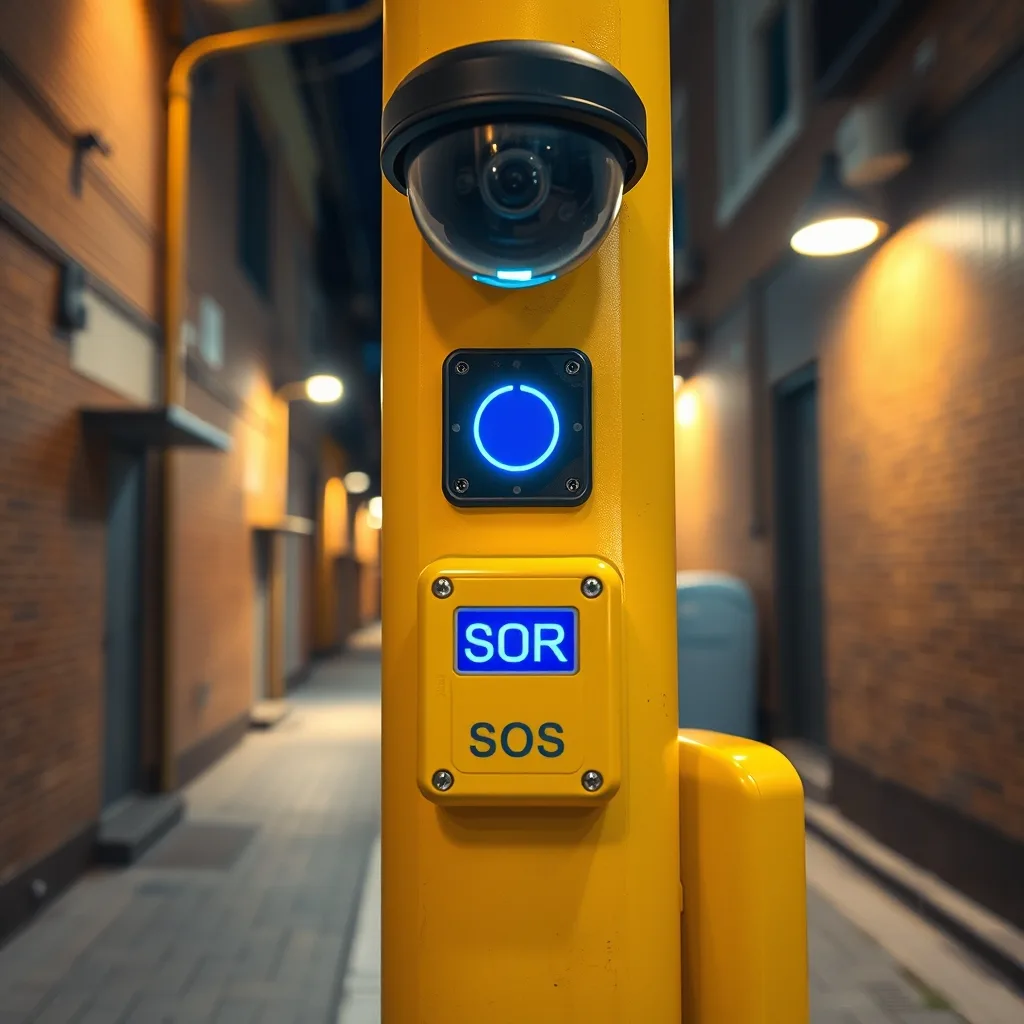 A bright yellow smart safety pole with a blue emergency SOS button and CCTV camera in a quiet Seoul residential alley at night
