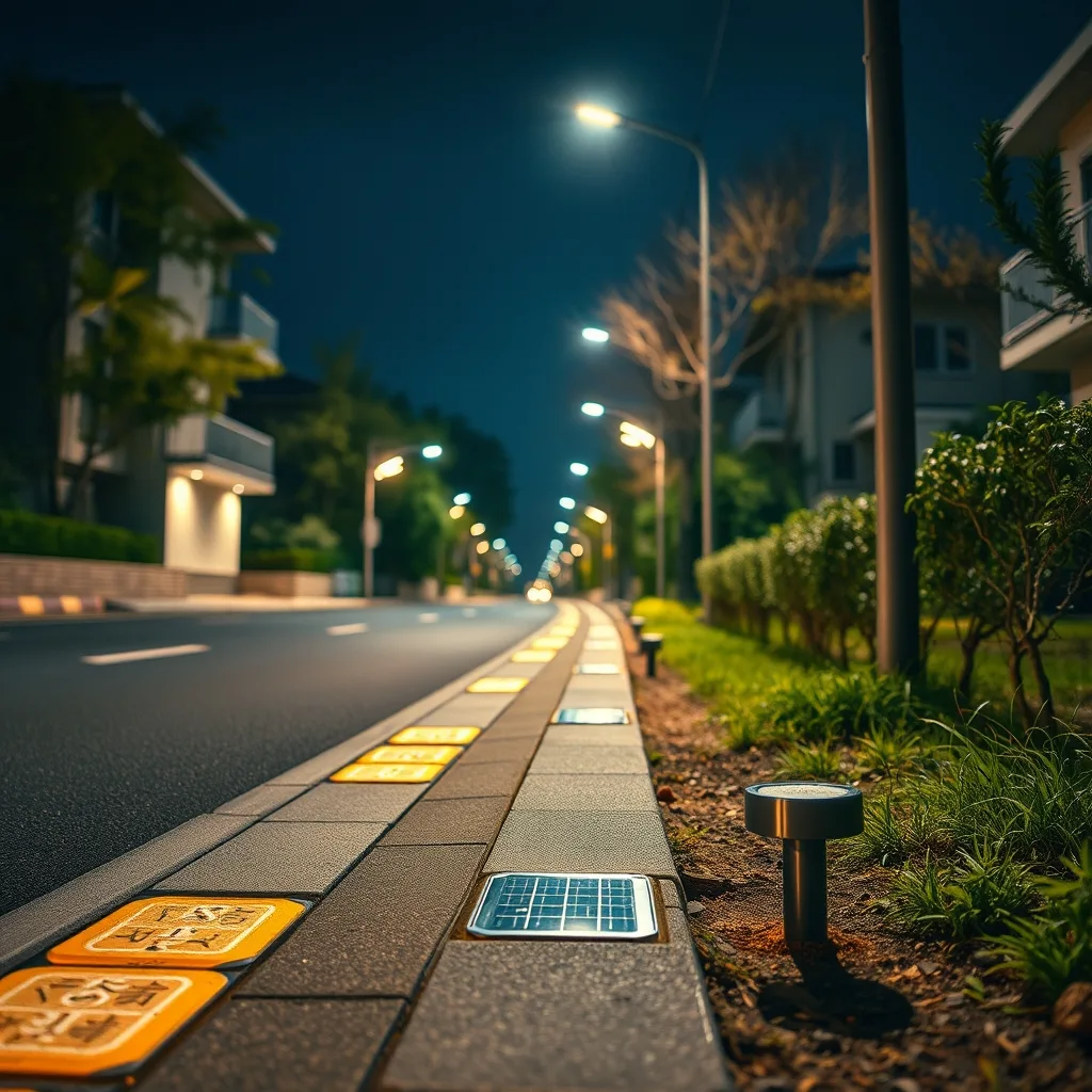 Solar-powered glowing pavement marker lights forming a guided safe-return walking path along a quiet Seoul residential street at night