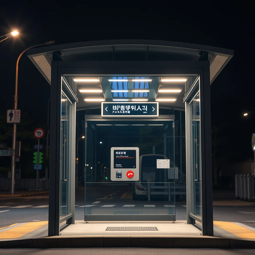 A modern brightly-lit transparent smart bus shelter with a red emergency SOS button on a Seoul street at night