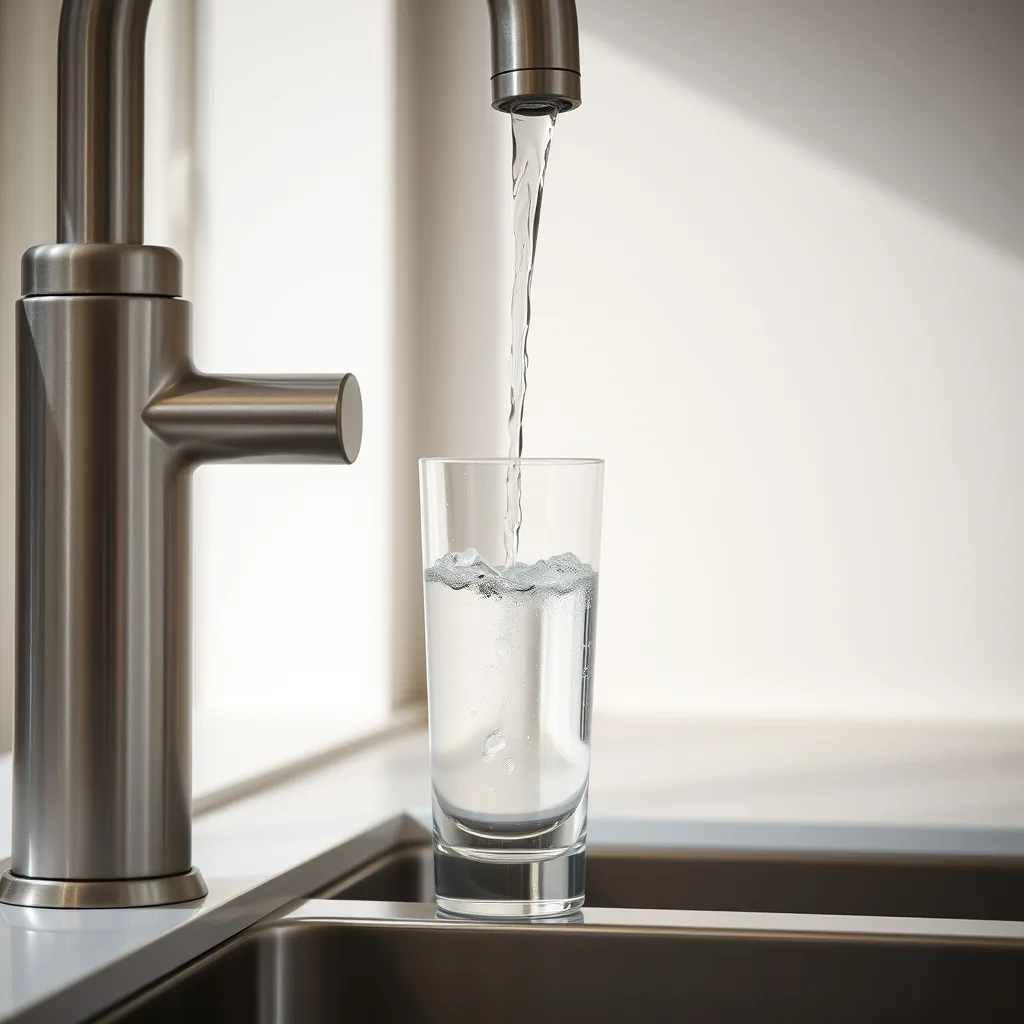 A clear glass of water being filled at a kitchen tap in a modern Korean kitchen