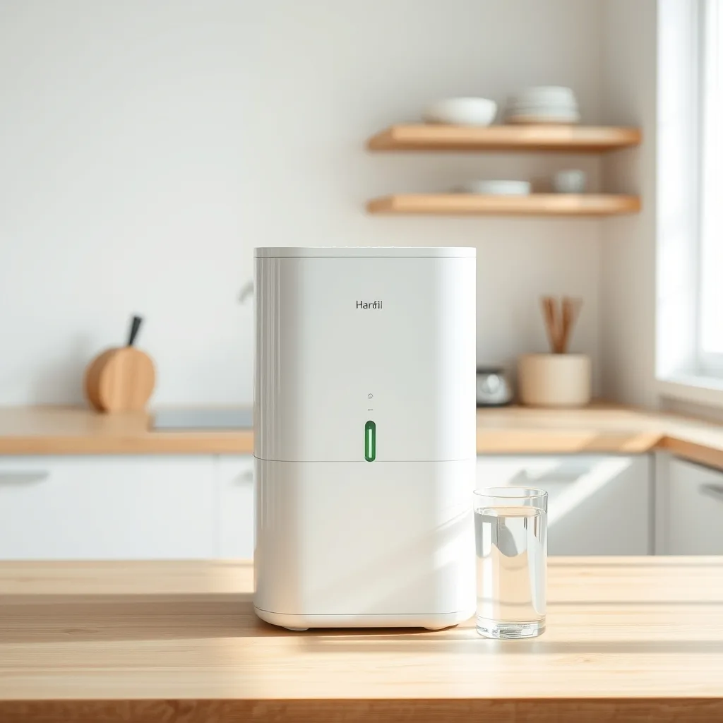 A countertop home water purifier on a kitchen counter in a Korean home