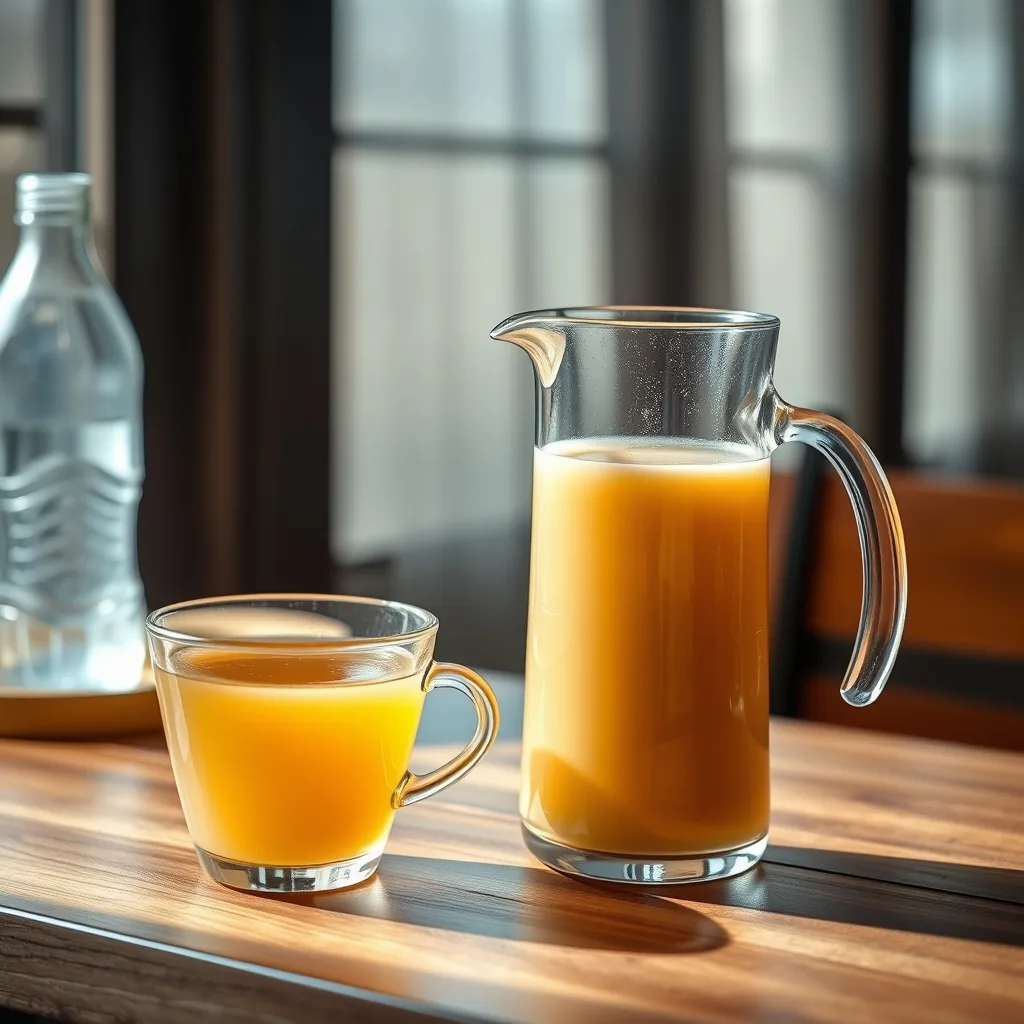 A pitcher of roasted barley tea and a bottle of water on a wooden table