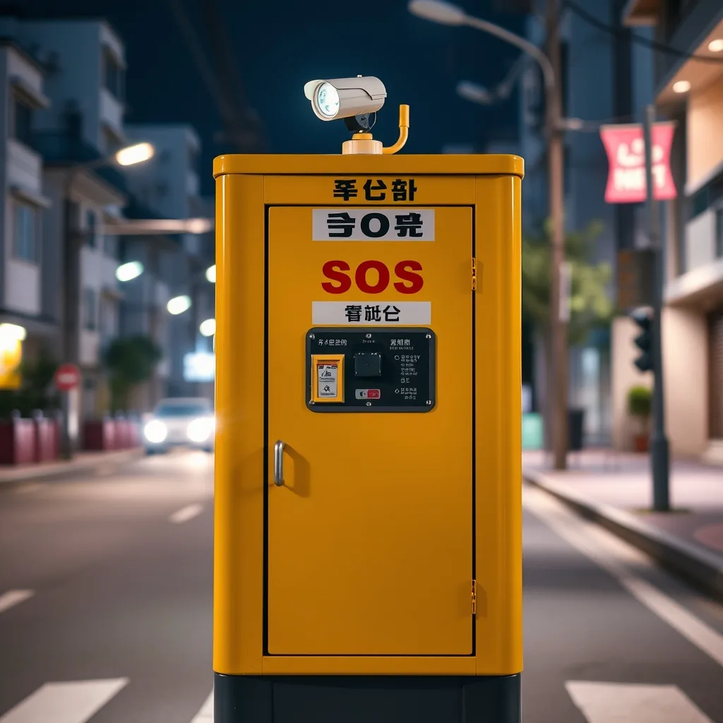 A public emergency SOS call post on a quiet Korean street at night