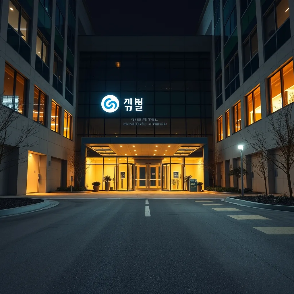 The brightly lit entrance of a modern Korean hospital at night