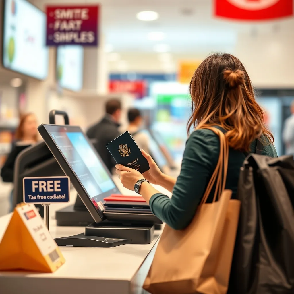 A shopper holding a passport and shopping bags at a store checkout with a tax-free sign nearby