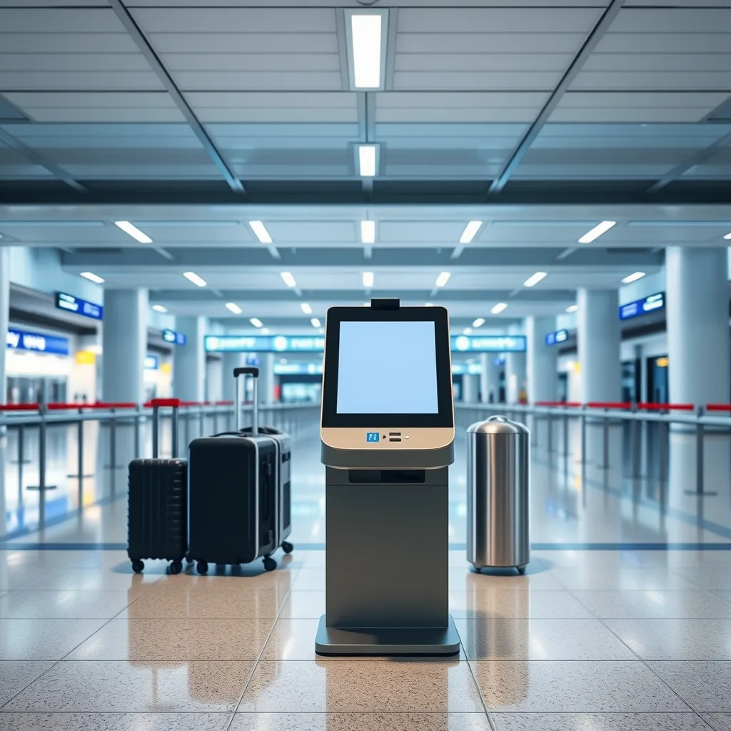 A self-service tax refund kiosk in a bright airport check-in hall