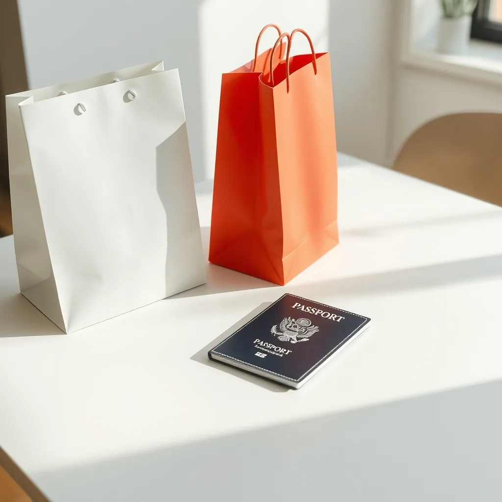 Neatly sealed shopping bags and a passport resting on a table, ready for travel