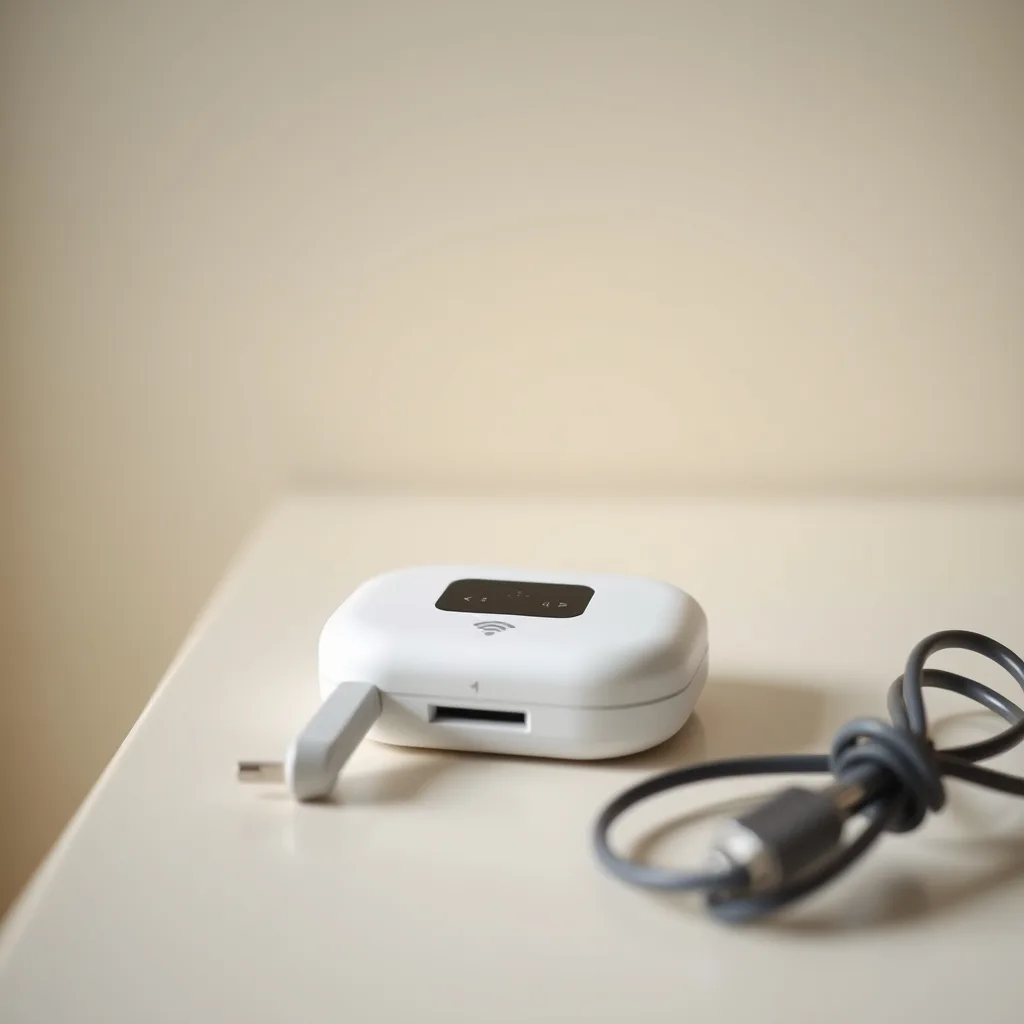 Close-up of a portable WiFi hotspot device and charging cable ready for pickup at an airport counter