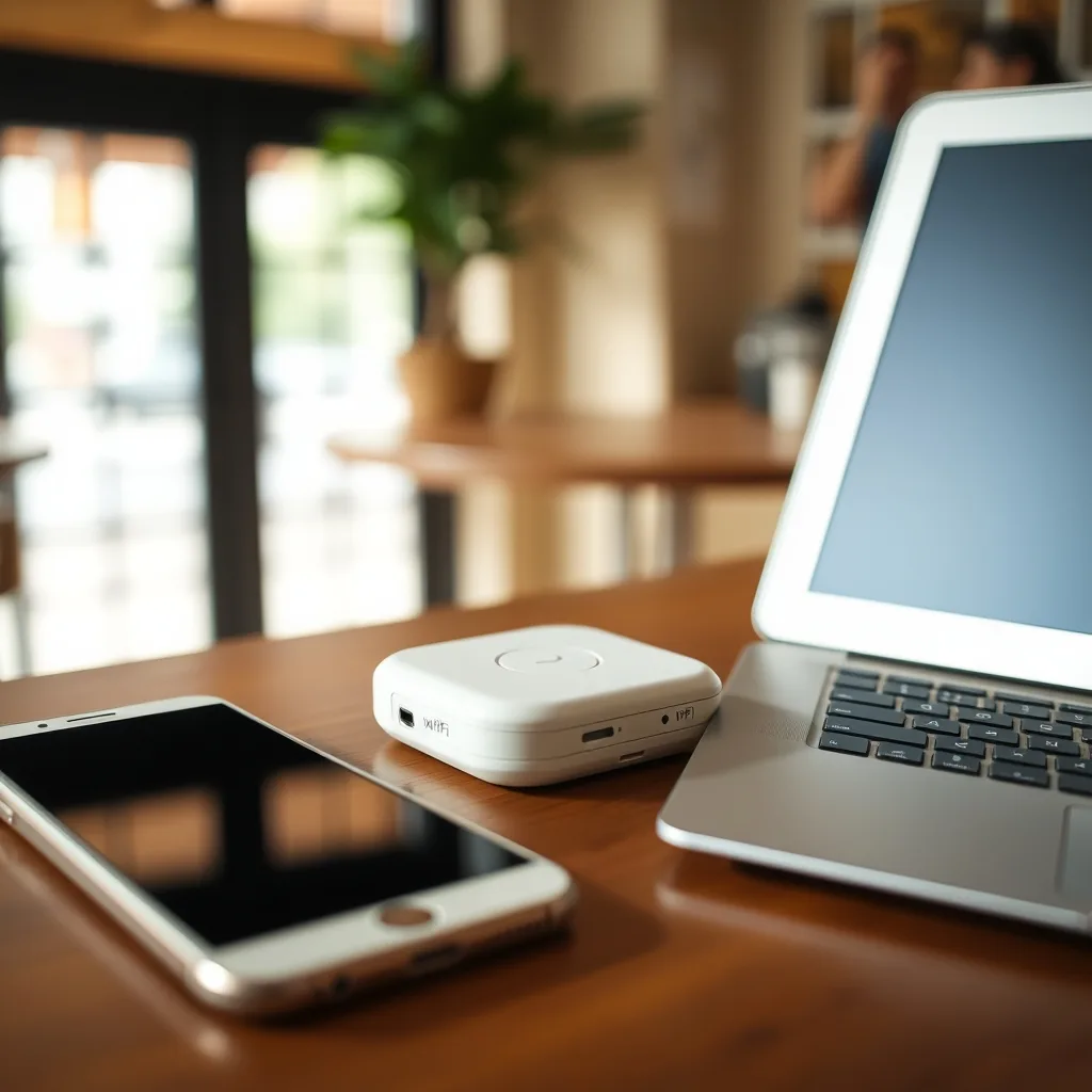 A pocket WiFi device on a cafe table beside a phone and laptop, ready for a travel day