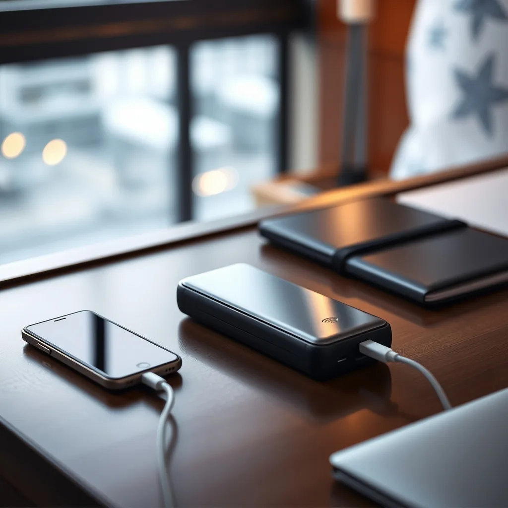 A traveler's portable hotspot setup with multiple devices connected on a quiet table