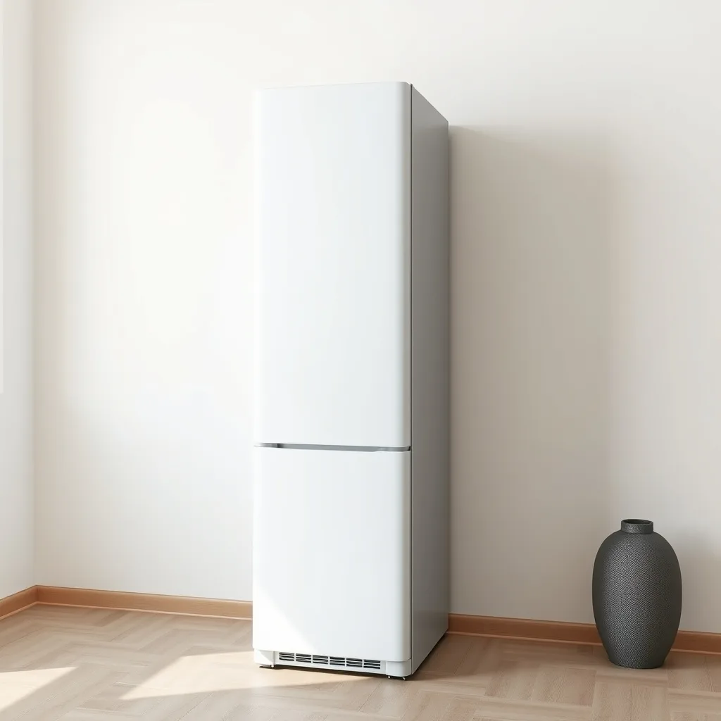 A freestanding upright kimchi refrigerator in the corner of a modern Korean apartment kitchen