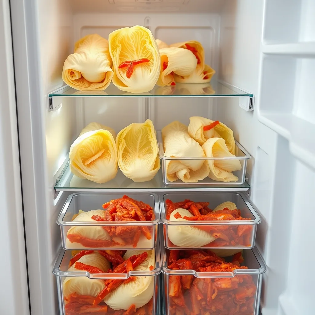 Inside an open kimchi refrigerator with clear pull-out drawers and sealed containers of red napa cabbage kimchi