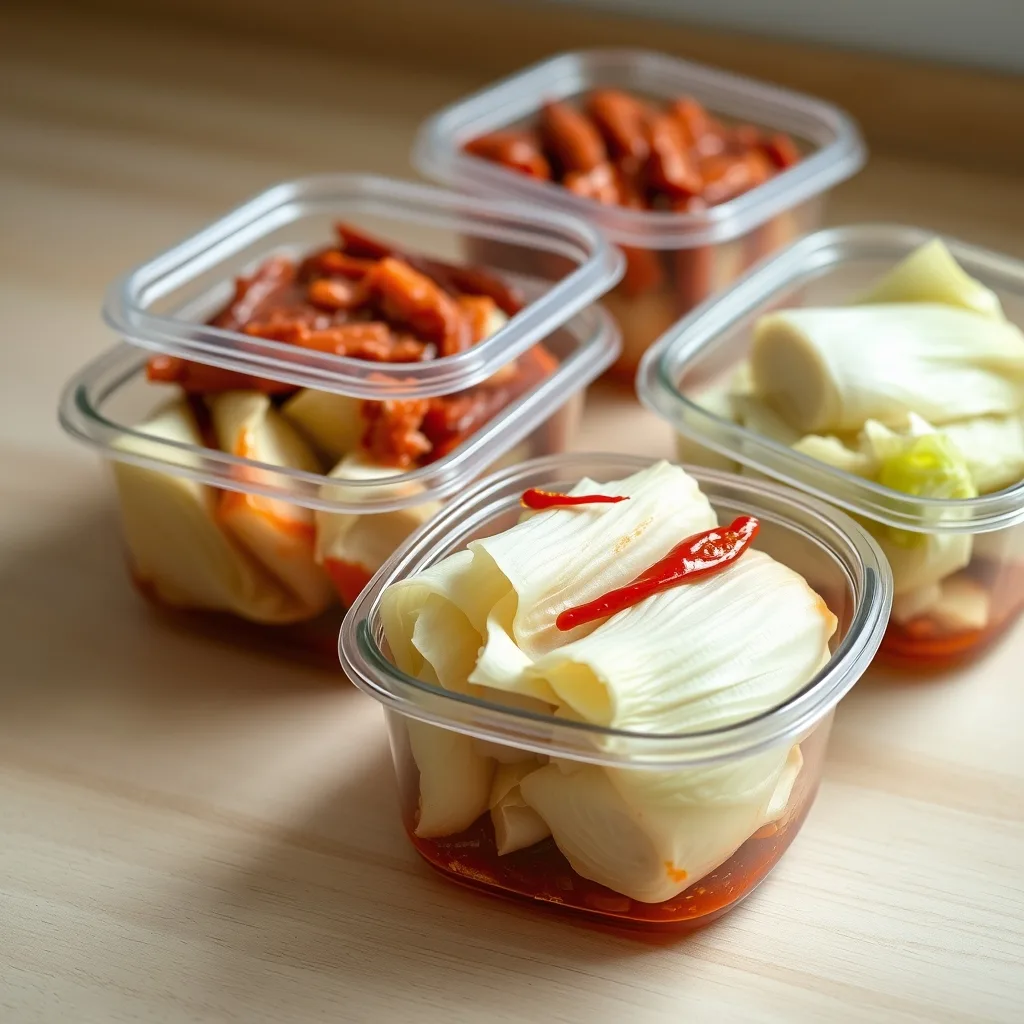 Rectangular airtight stainless and clear containers filled with red napa cabbage kimchi on a kitchen surface